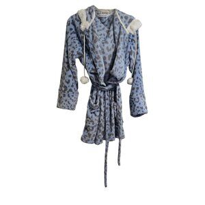 P.J. Salvage Womens Plush Blue Leopard Print Robe With Hood & Pockets MEDIUM